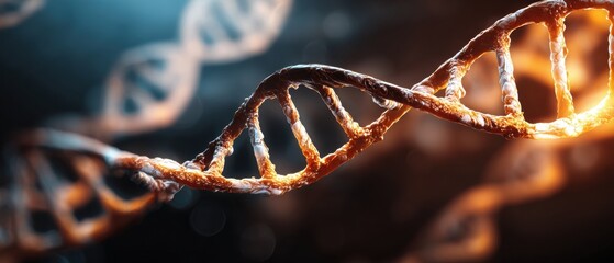 Close-up of a Double Helix DNA Strand with Glowing Biochemical Elements