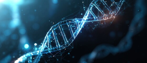 Futuristic Digital DNA Strand with Glowing Blue Particles and Network Lines