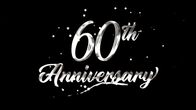 60th anniversary text animation in silver metallic effect. suitable for celebrating special occasions, invitations, anniversary cards and social media. Includes alpha channel for any background.