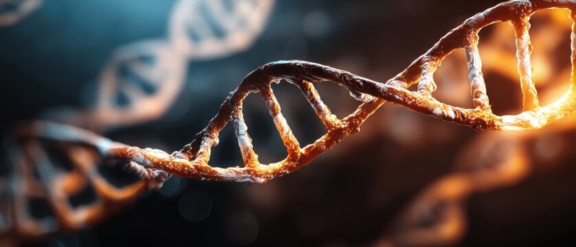 Close-up of a Double Helix DNA Strand with Glowing Biochemical Elements