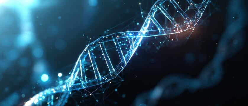 Futuristic Digital DNA Strand with Glowing Blue Particles and Network Lines