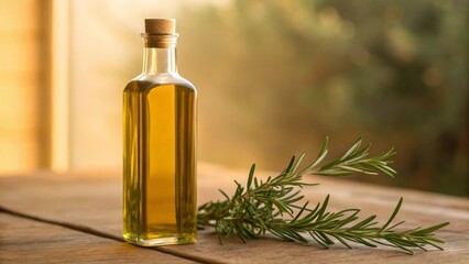 Fototapeta premium Olive oil bottle with sprig of rosemary on wooden table