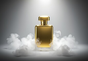 Elegant Gold Perfume Bottle Surrounded by Mystical Smoke for Luxury Branding and Fragrance Marketing