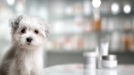 Clean Pet Care Product Display Featuring a Small Dog in a Veterinary Clinic Setting