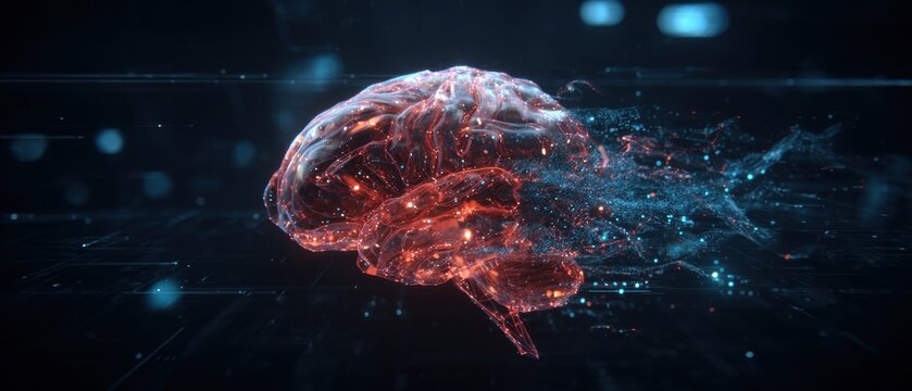 Futuristic Digital Brain Visualization with Glowing Network Connections and Data Sparks - Powered by Adobe