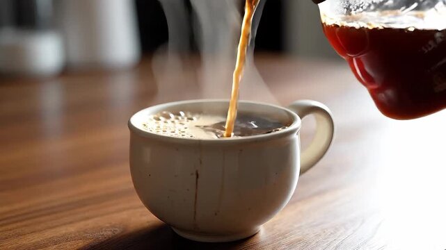 Pouring a fresh hot cup of steaming coffee in the morning.
