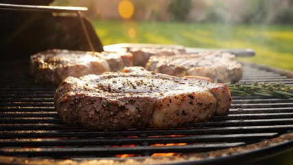 Grilling steaks on a sunny day capturing the essence of outdoor cooking. savor the flavors of a perfect barbecue.