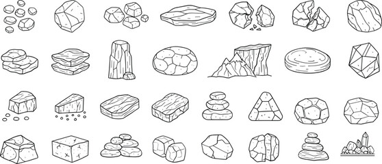 Assorted hand-drawn rock stone elements vector line art