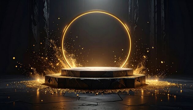 Golden circle illuminating stone pedestal showcase