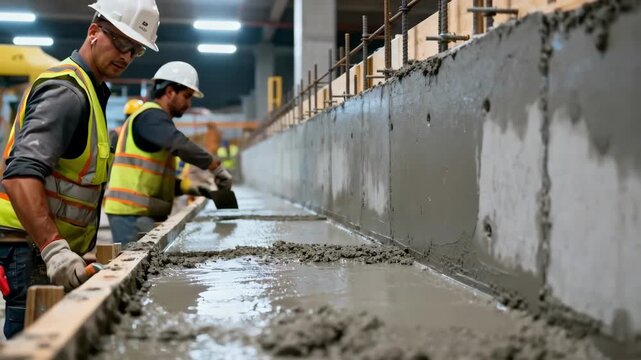 Medium shot of concrete shear wall casting showing workers smoothing the surface formwork for strong lateral stability in commercial structures.
