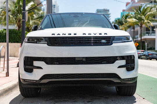 Miami, Florida, USA - April 21, 2025: 2025 Land Rover Range Rover Sport luxury SUV car. Luxury SUV car Range Rover. Car Range Rover parked outdoor. White SUV car, front front view
