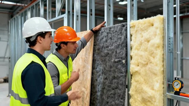 Medium shot capturing engineers inspecting different soundproofing materials installed on steel framework focusing on comparing effectiveness of batting panels and spray foam.