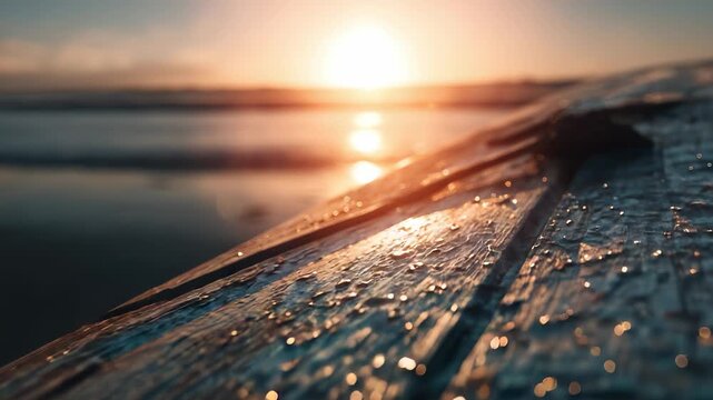 A surfboard glistens with droplets of water as the sun sets behind it, illuminating the vibrant colors along its smooth edges. The beach extends in the background, creating a tranq