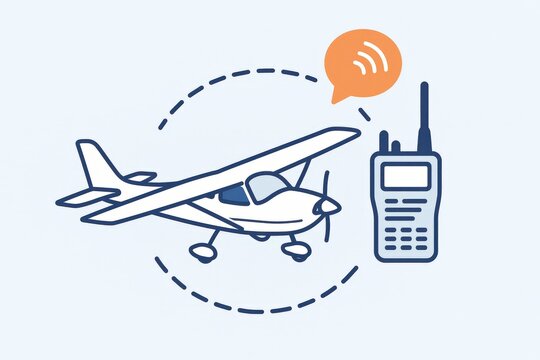 Illustration of an aircraft communicating through a radio device symbolizing aviation technology integration with seamless connectivity and modern communication advancements