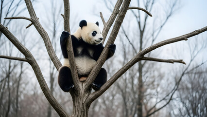Obraz premium Giant panda sits comfortably in the branches of a bare tree in a natural outdoor environment Keywords: panda, giant panda, bear, animal, wildlife, nature, tree