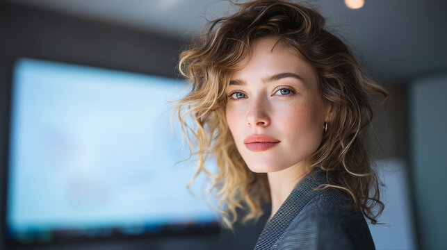 Professional portrait of a person in modern office environment, confident expression, soft natural light, cinematic depth of field