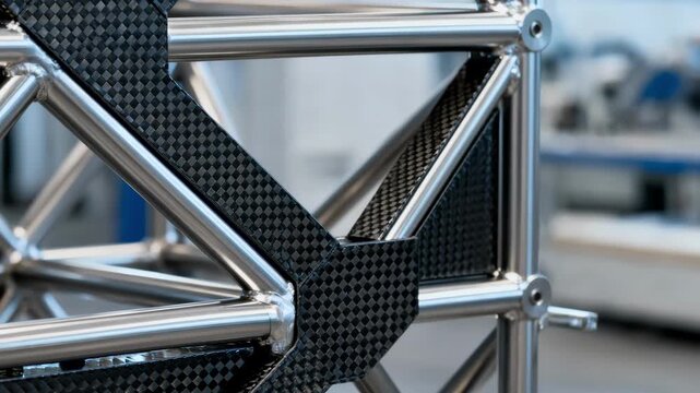 Medium shot of a steel and carbon fiber hybrid composite framework showcasing enhanced strength and lightweight design for advanced engineering applications.