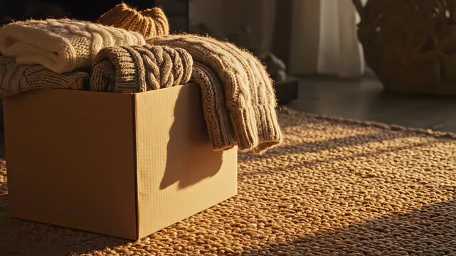 Warm Knitted Sweaters in a Cardboard Box on a Textured Rug.