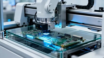 Closeup of automated machinery performing detailed circuit assessments in a cleanroom setting showcasing innovation in electronic manufacturing.