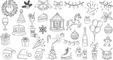 Christmas and new year celebration outline vector icons