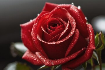 Fototapeta premium Close-up of a Deep Red Rose Covered in Dew Drops