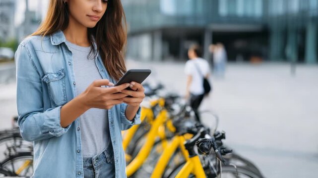 Young woman in casual denim outfit using smartphone outdoors near a row of yellow bicycles. Urban lifestyle and modern technology blend seamlessly in this city setting