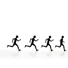Four black stick figures running in a race.