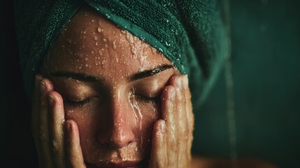 Relaxing Woman in Green Towel Washing Face with Water Close Up