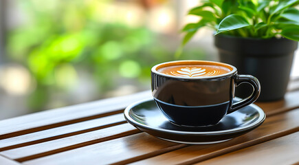 Black coffee cup with latte art on wooden table, surrounded by greenery, showcasing a tranquil cafe atmosphere with natural light and inviting ambiance