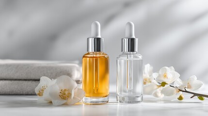 Skincare Serum Bottles with White Flowers and Towels on Marble Surface in Bright Natural Light