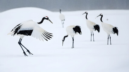 Red-crowned cranes dancing and walking in a snowy winter landscape red crowned crane grus japonensis