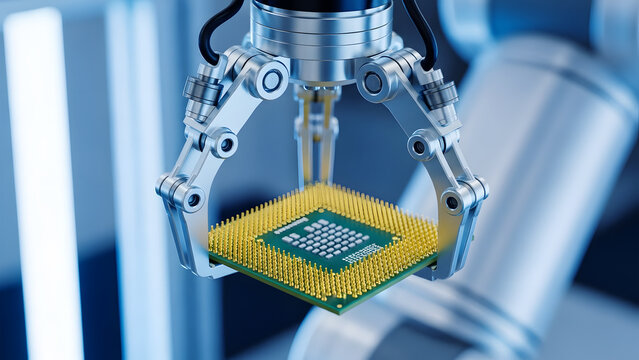 Robotic Arm Gripping a Computer Microprocessor in a Clean Room Environment gripper holding