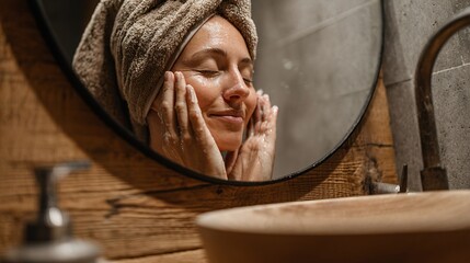Woman Washing Face in Bathroom Mirror with Towel Wrapped Head in Warm Lighting