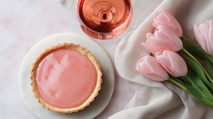 Elegant presentation of a glossy, smooth tart beside two glasses of rosé and a bouquet of fresh tulips