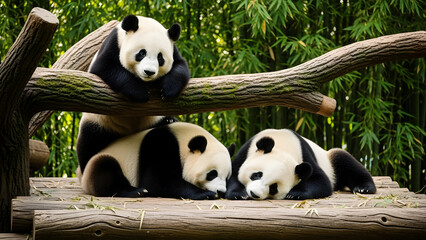 Obraz premium Three giant pandas relaxing on wooden platforms surrounded by bamboo forest Keywords: giant panda, bear, animal, wildlife, bamboo, forest, nature, trees, log, wooden