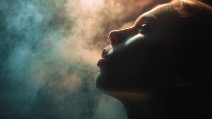 A girl exhales slowly, releasing a cloud of mist that dances in the warm light. Her tranquil expression captures a moment of serenity amidst the swirling vapor.