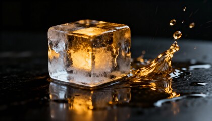 Ice cube melting and splashing on dark reflective surface