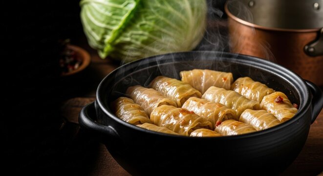 Traditional Bulgarian Sarmi ot Zelka &ndash; Cabbage Leaves Stuffed with Rice & Beef in Black Clay Pot | Rustic Comfort Food with Cabbage Head & Copper Pot Styling