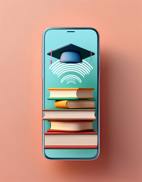 A smartphone displaying stacked books and a graduation cap, representing digital learning, online education, and modern academic technology. A clean, colorful composition with an educational theme.