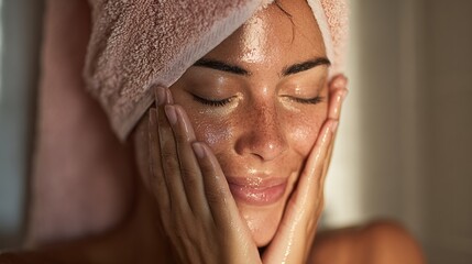 Young Woman Enjoying Facial Cleansing with Towel Wrapped Head Relaxing Skincare Routine