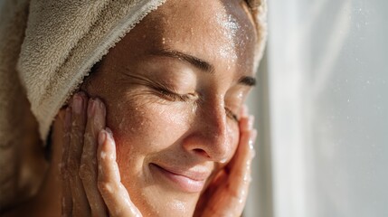 Young Woman Enjoying Skincare Routine with Wet Face and Towel Wrapped Head in Bright Natural Light