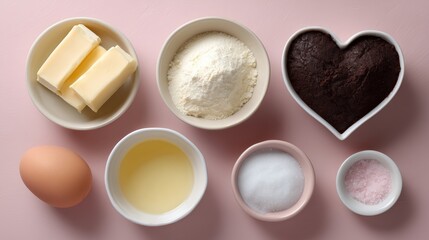 Essential components for making a sweet treat, emphasizing food preparation and love.