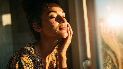 Young Woman Relaxing in Sunlight with Closed Eyes Touching Face in Warm Natural Lighting