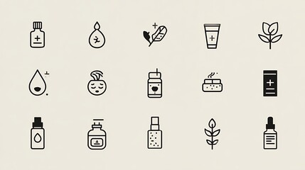 Collection of Minimalist Black and White Skincare and Wellness Icons on Light Background