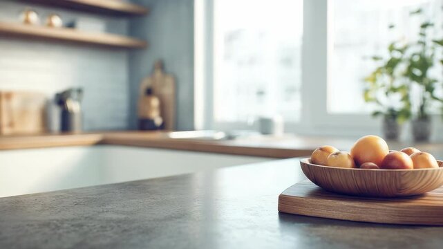 Modern minimalist kitchen interior with natural light streaming through large windows and a wooden bowl of fresh fruit on a stone countertop. Clean lines and neutral tones create a serene atmosphere