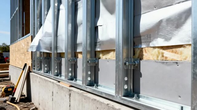 Medium shot capturing exterior steel stud framing installation highlighting durable weatherresistant wall support structure.