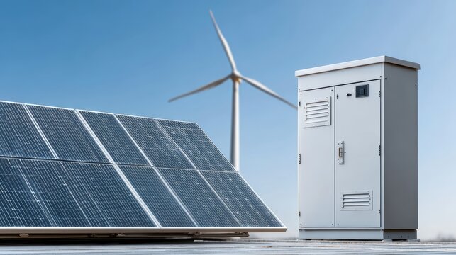 Solar Panel & Wind Turbine: Clean Energy Solutions Stock Photo, Renewable energy