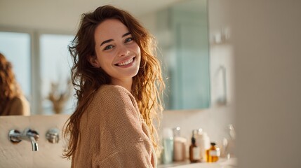 Young Woman Smiling Brightly with Wavy Red Hair in Modern Bathroom