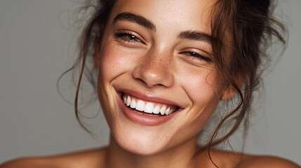Young Woman Smiling Brightly with Natural Makeup and Loose Hair in Studio Setting