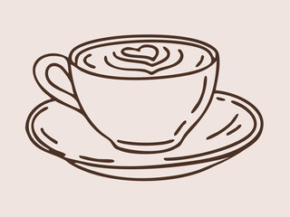 Cup of Cappuccino coffee with heart latte art. Hand drawn outline vector isolated illustration. 